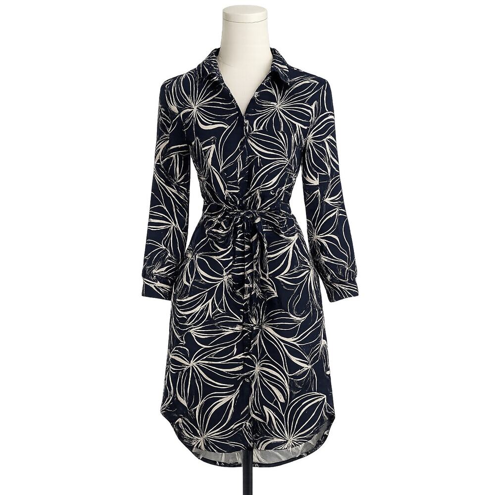 Ann Taylor Navy Floral Belted Long Sleeve Wrap Look Shirt Dress - Size XS